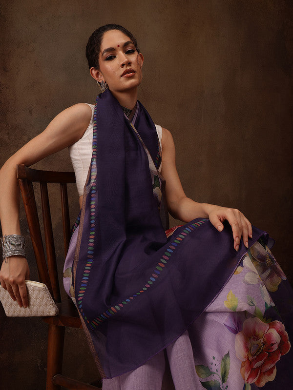 Lavender Cotton Blend Digital Print Floral Saree with Unstitched Blouse - Hiral Fashion | Swadesiicart