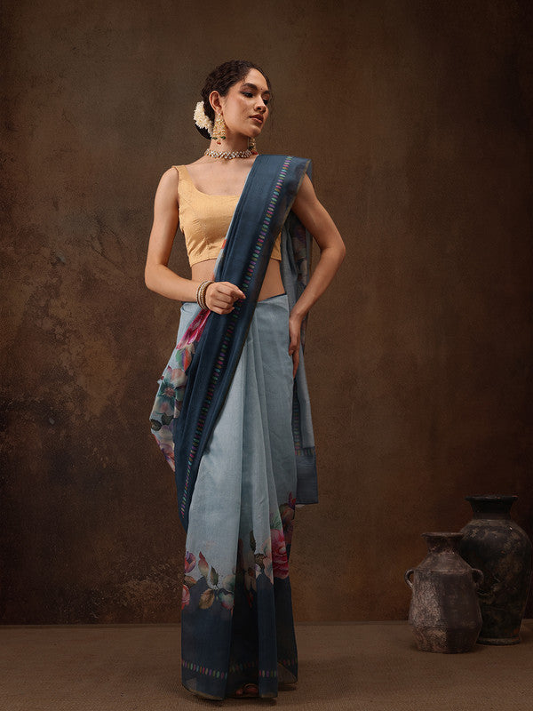 Turquoise Cotton Blend Digital Print Floral Saree with Unstitched Blouse - Hiral Fashion | Swadesiicart