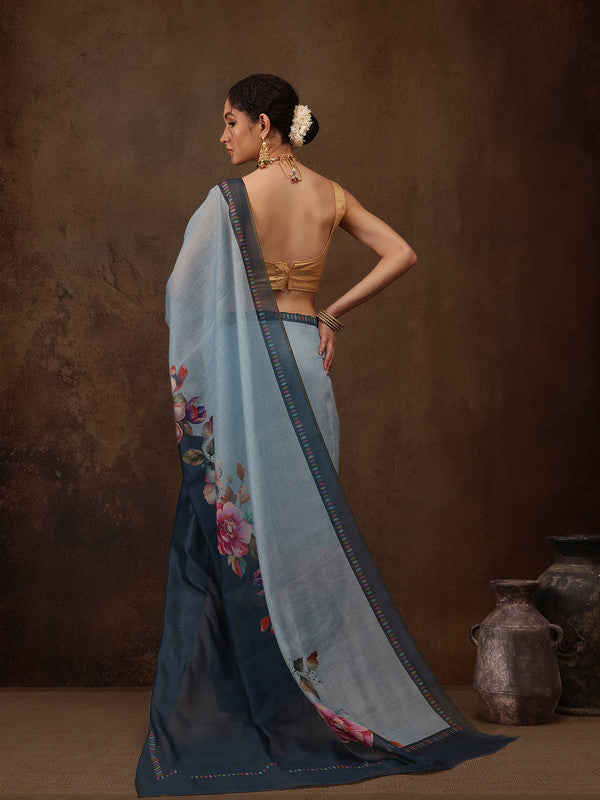Turquoise Cotton Blend Digital Print Floral Saree with Unstitched Blouse - Hiral Fashion | Swadesiicart