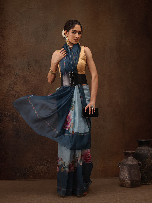Turquoise Cotton Blend Digital Print Floral Saree with Unstitched Blouse - Hiral Fashion | Swadesiicart
