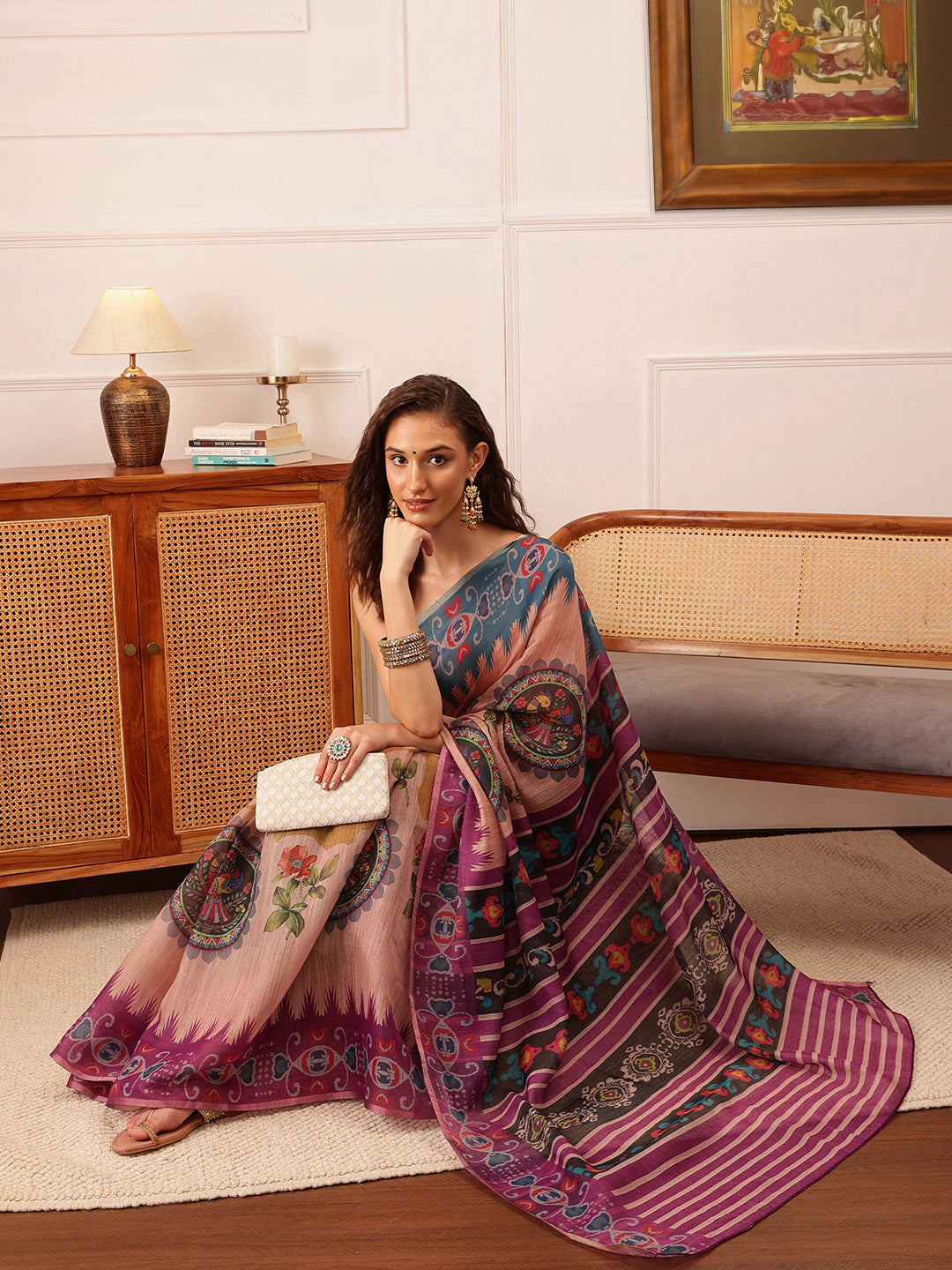 Hiral Fashion Beige Banarasi Silk Cotton Floral Digital Print Saree | Swadesiicart