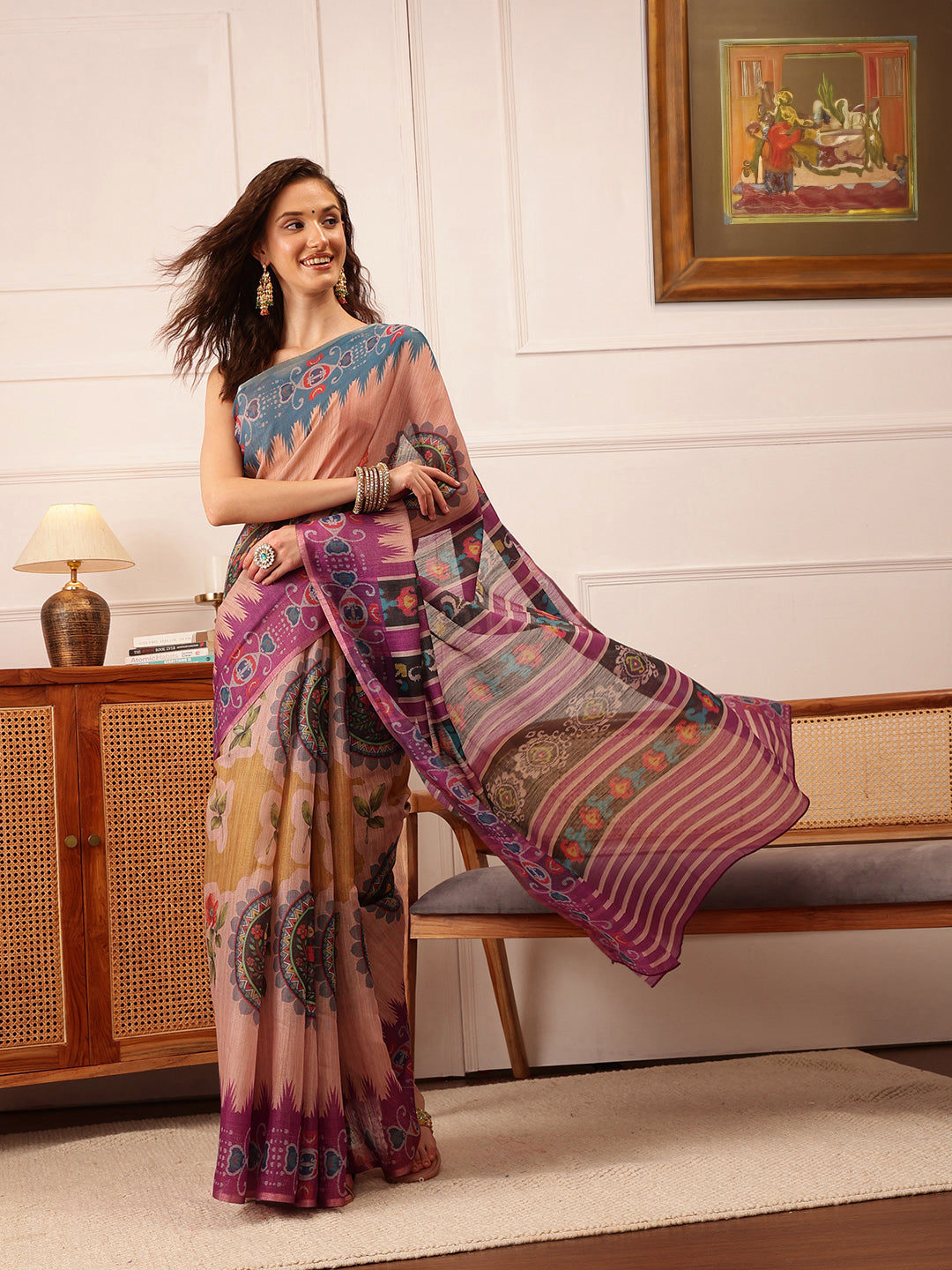 Hiral Fashion Beige Banarasi Silk Cotton Floral Digital Print Saree | Swadesiicart