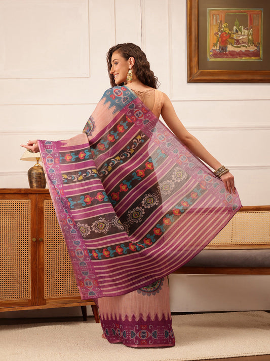Hiral Fashion Beige Banarasi Silk Cotton Floral Digital Print Saree | Swadesiicart