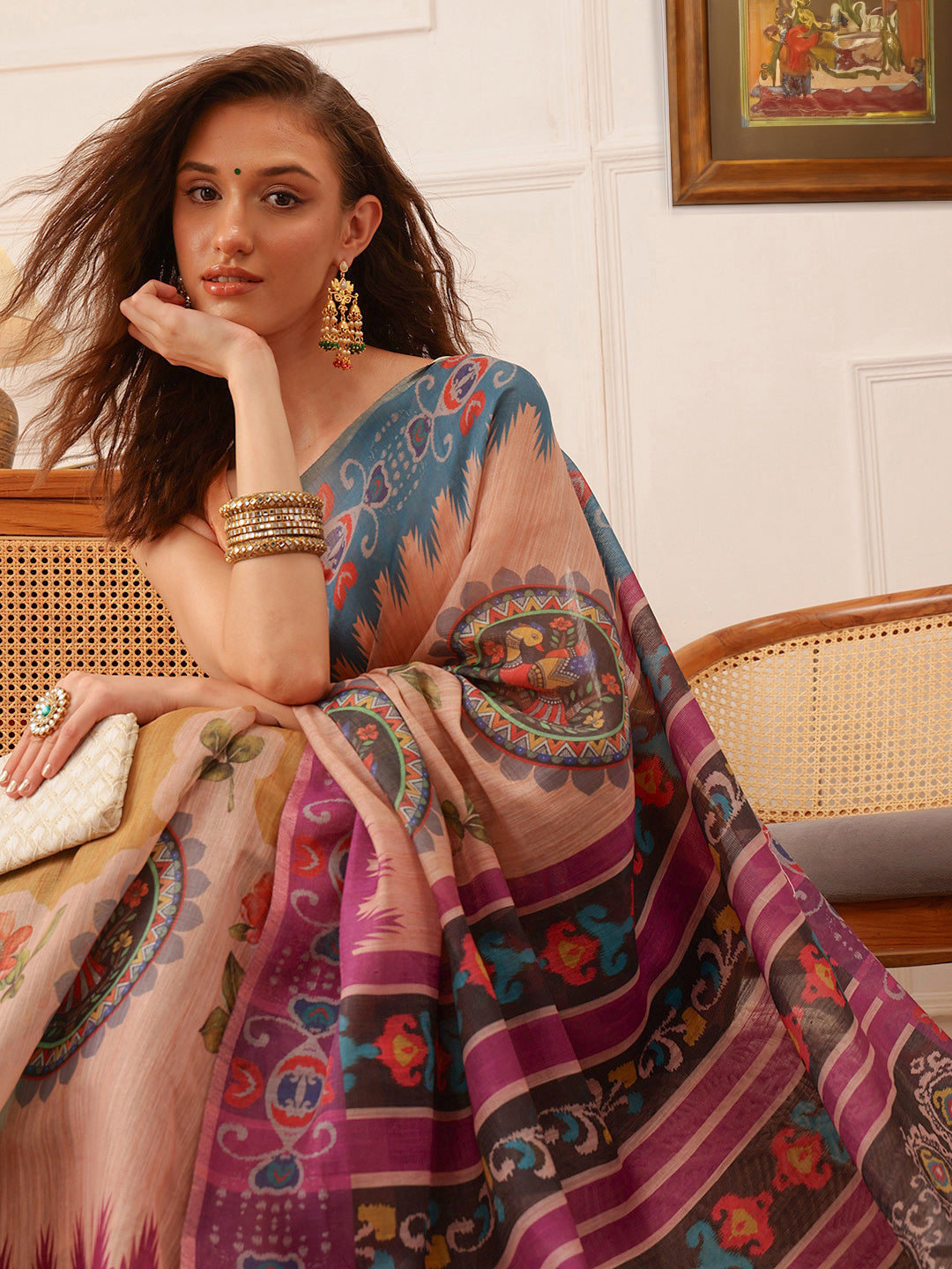 Hiral Fashion Beige Banarasi Silk Cotton Floral Digital Print Saree | Swadesiicart