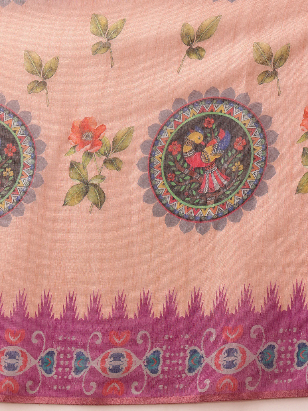 Hiral Fashion Beige Banarasi Silk Cotton Floral Digital Print Saree | Swadesiicart