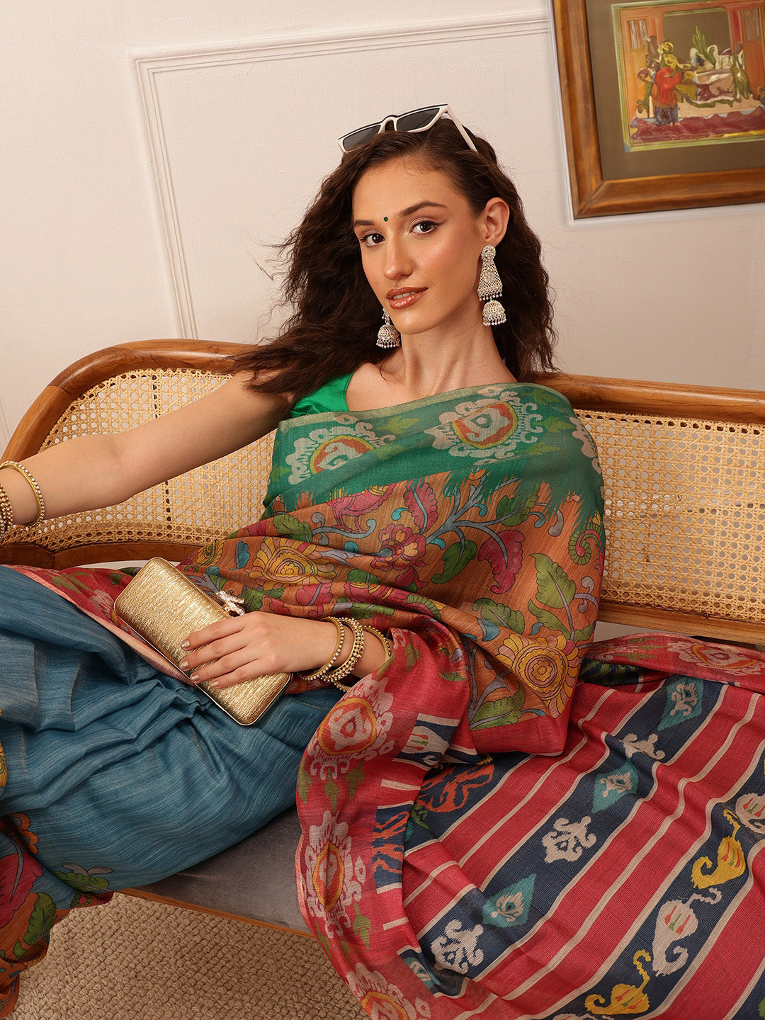 Hiral Fashion Blue Banarasi Silk Cotton Floral Digital Print Saree | Swadesiicart