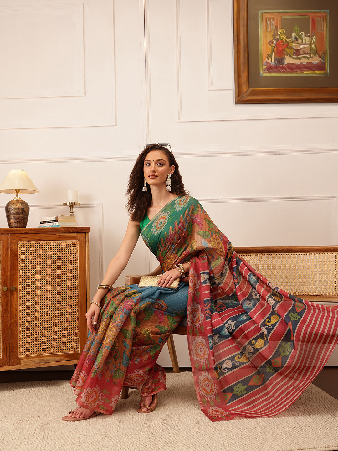 Hiral Fashion Blue Banarasi Silk Cotton Floral Digital Print Saree | Swadesiicart