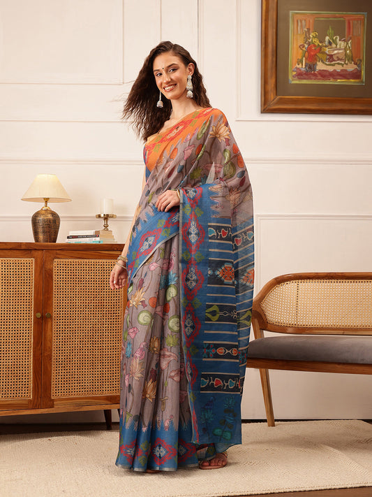 Hiral Fashion Grey Banarasi Silk Cotton Floral Digital Print Saree | Swadesiicart