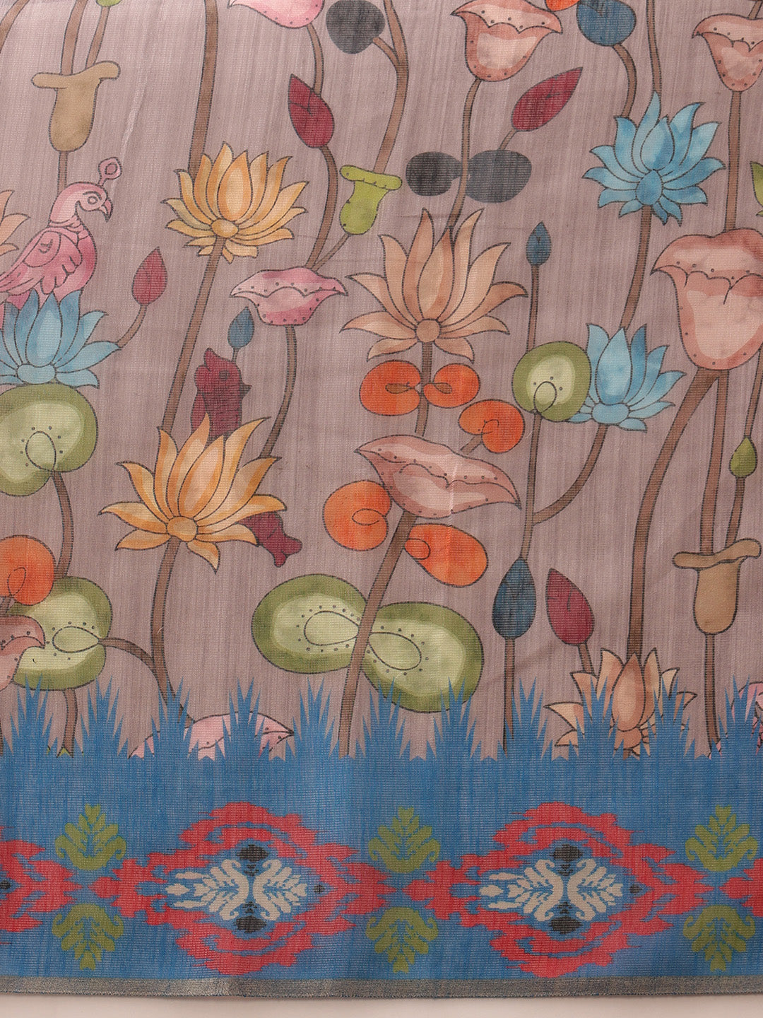 Hiral Fashion Grey Banarasi Silk Cotton Floral Digital Print Saree | Swadesiicart