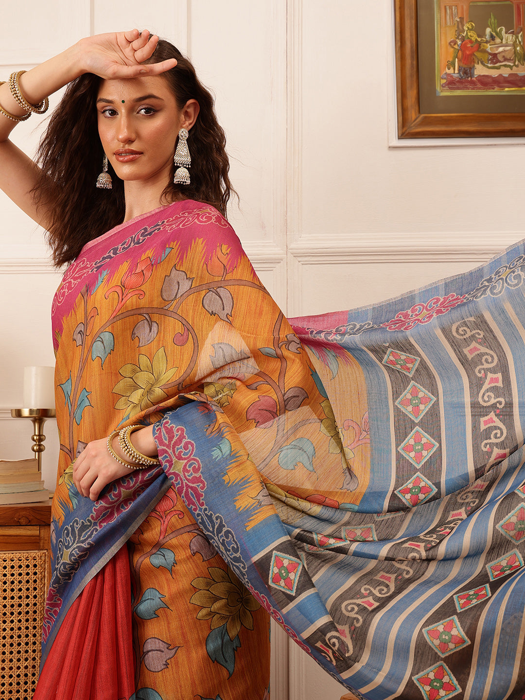 Hiral Fashion Mustard Banarasi Silk Cotton Floral Digital Print Saree | Swadesiicart
