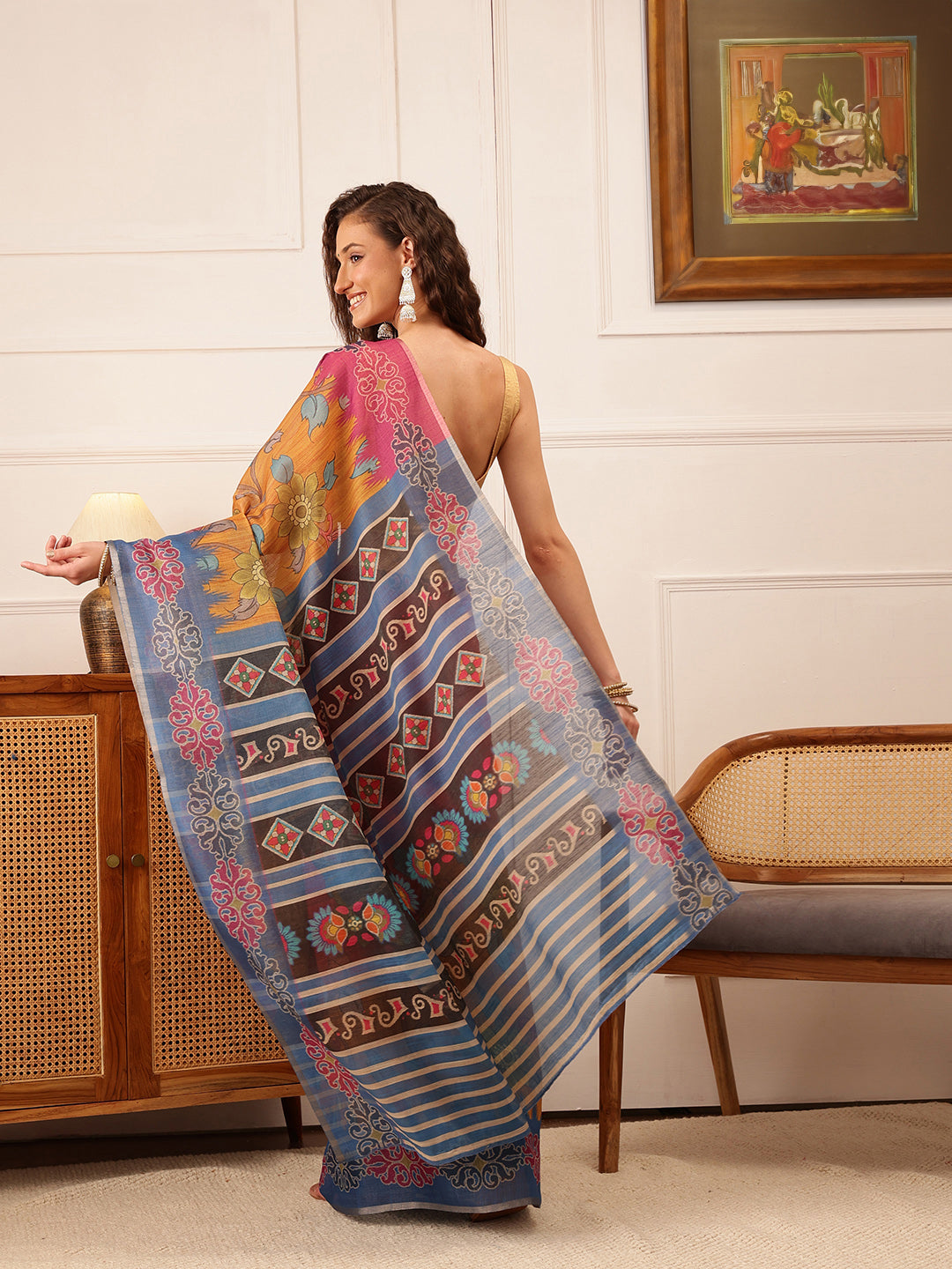 Hiral Fashion Mustard Banarasi Silk Cotton Floral Digital Print Saree | Swadesiicart