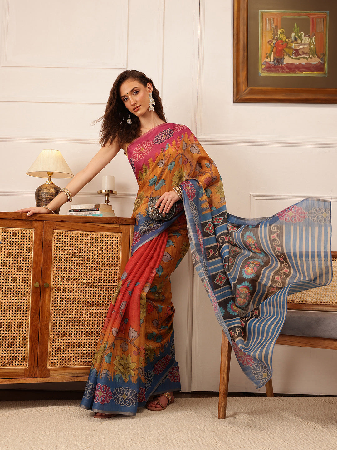 Hiral Fashion Mustard Banarasi Silk Cotton Floral Digital Print Saree | Swadesiicart