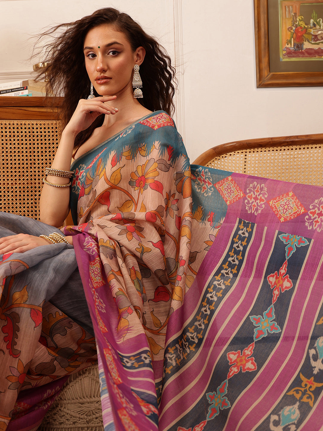 Hiral Fashion Purple Banarasi Silk Cotton Floral Digital Print Saree | Swadesiicart