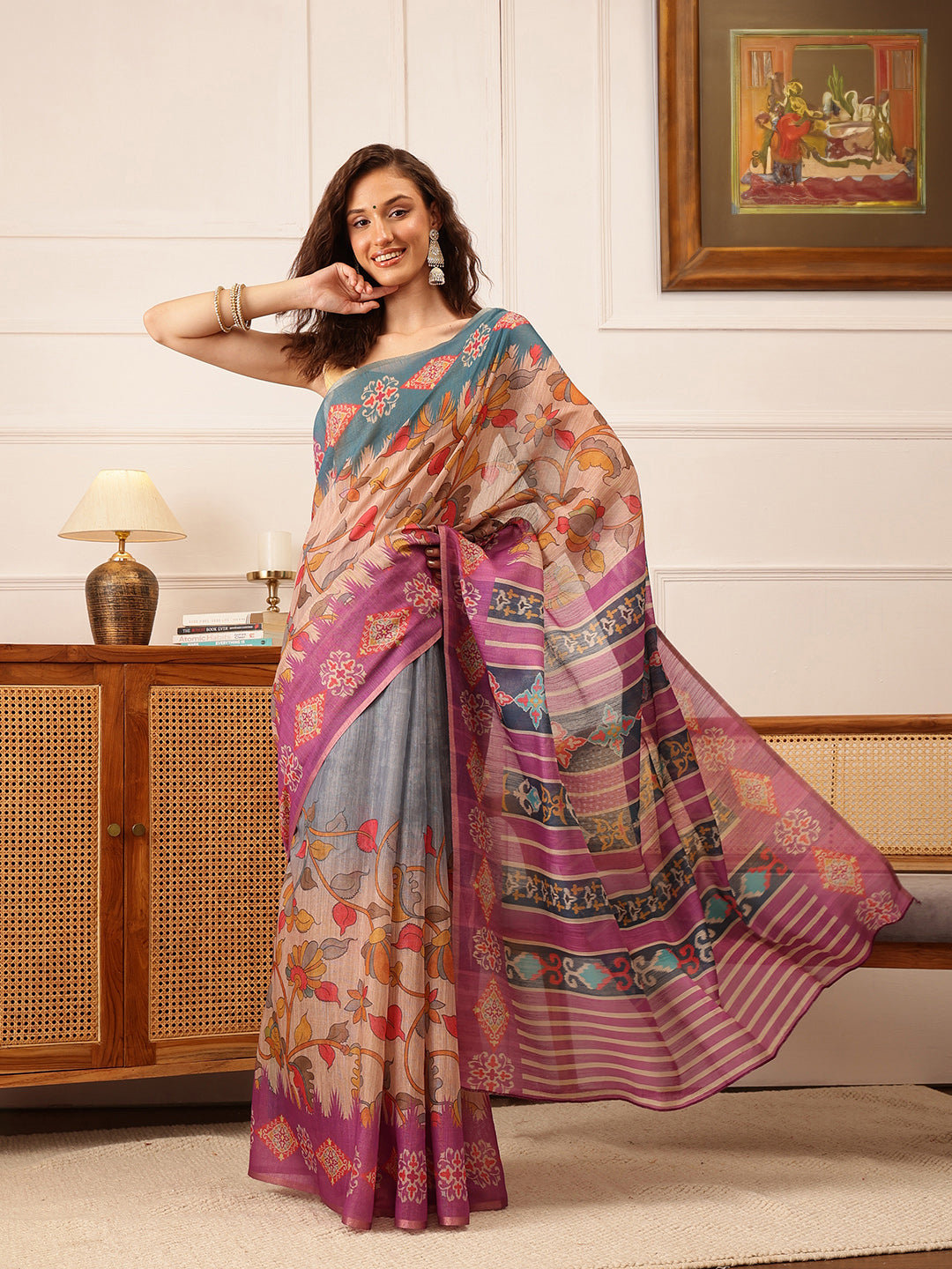 Hiral Fashion Purple Banarasi Silk Cotton Floral Digital Print Saree | Swadesiicart