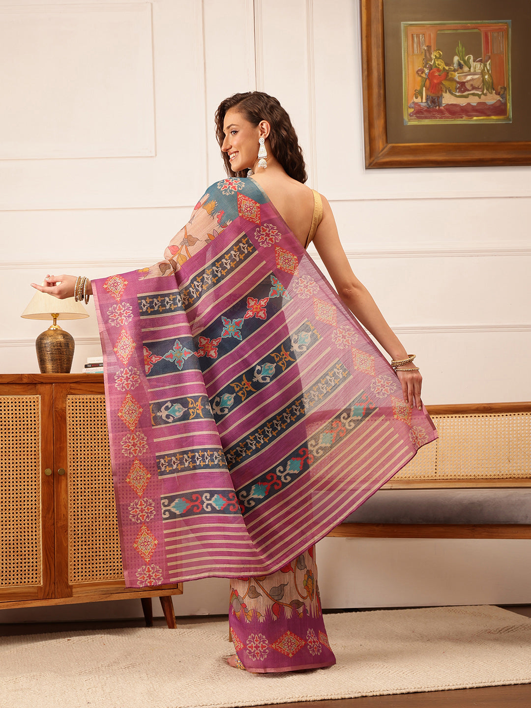 Hiral Fashion Purple Banarasi Silk Cotton Floral Digital Print Saree | Swadesiicart