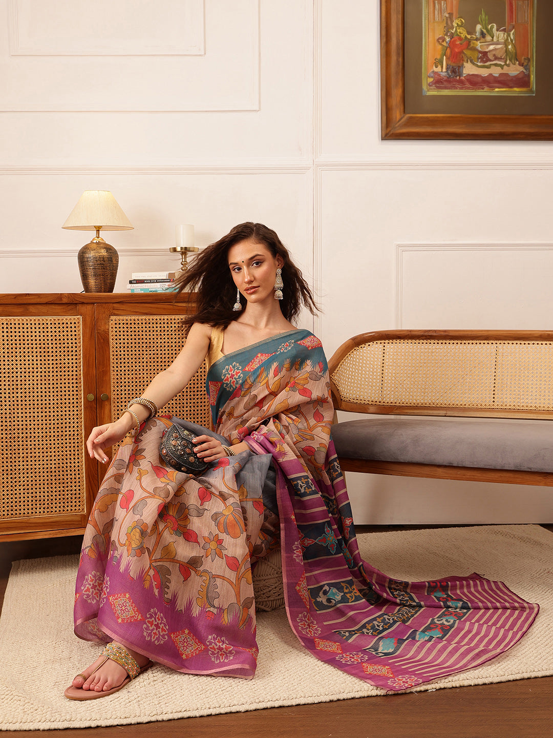 Hiral Fashion Purple Banarasi Silk Cotton Floral Digital Print Saree | Swadesiicart