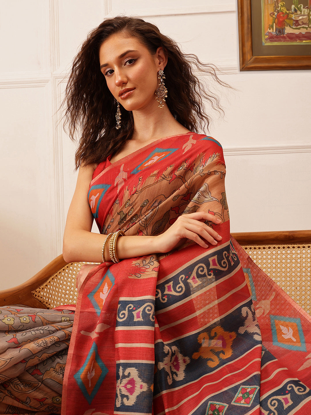 Hiral Fashion Red Banarasi Silk Cotton Floral Digital Print Saree | Swadesiicart