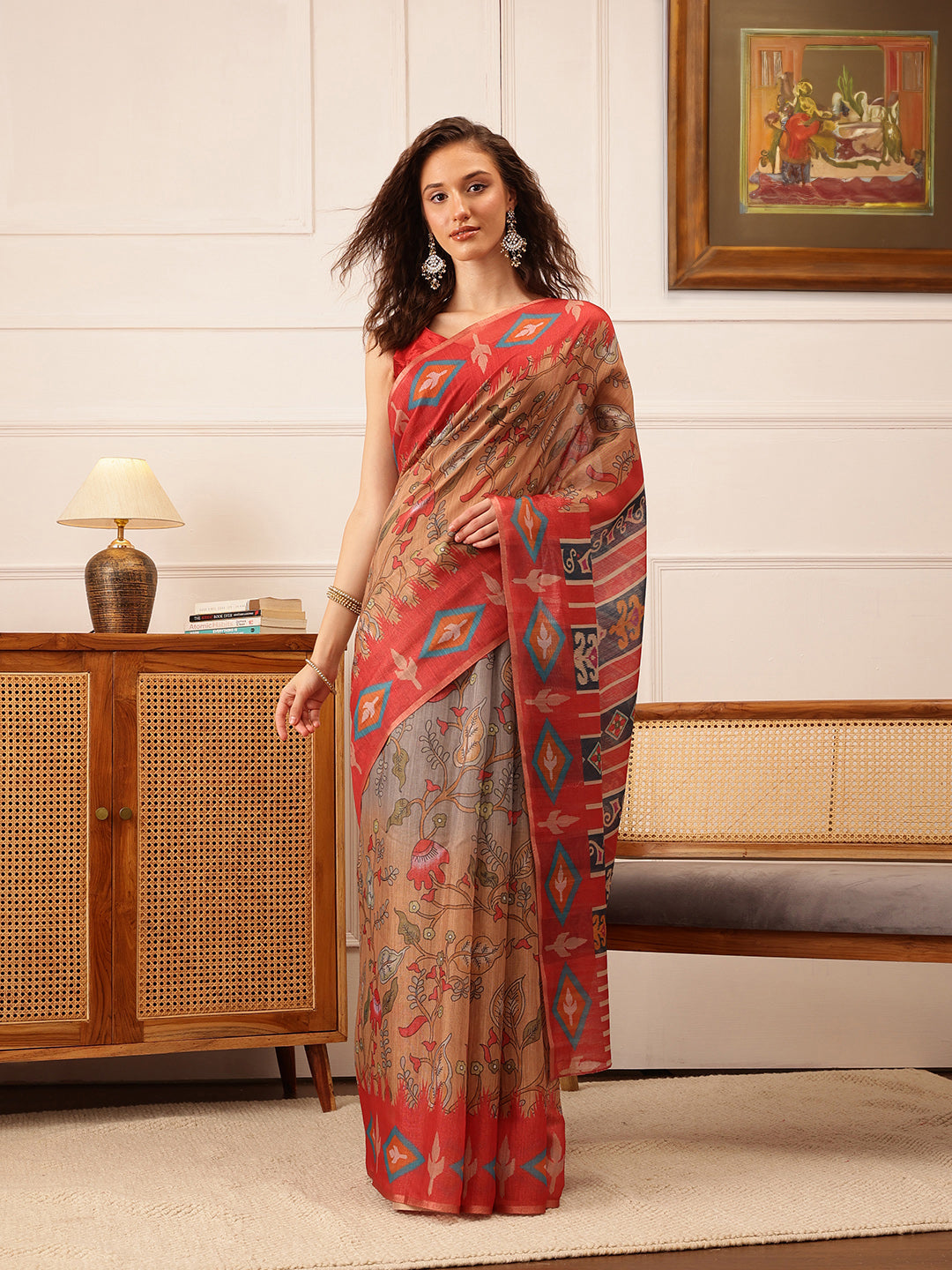 Hiral Fashion Red Banarasi Silk Cotton Floral Digital Print Saree | Swadesiicart