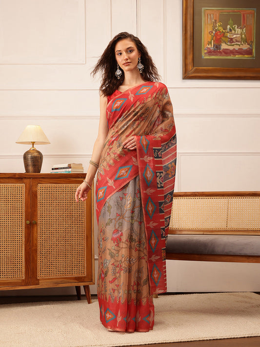 Hiral Fashion Red Banarasi Silk Cotton Floral Digital Print Saree | Swadesiicart