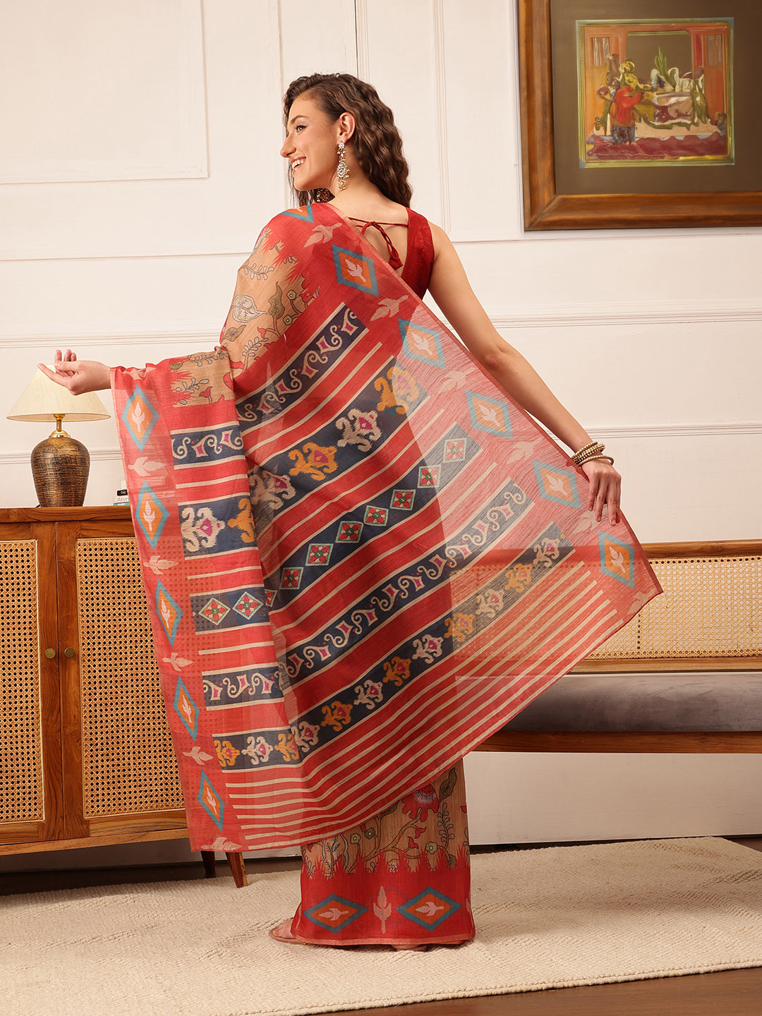 Hiral Fashion Red Banarasi Silk Cotton Floral Digital Print Saree | Swadesiicart
