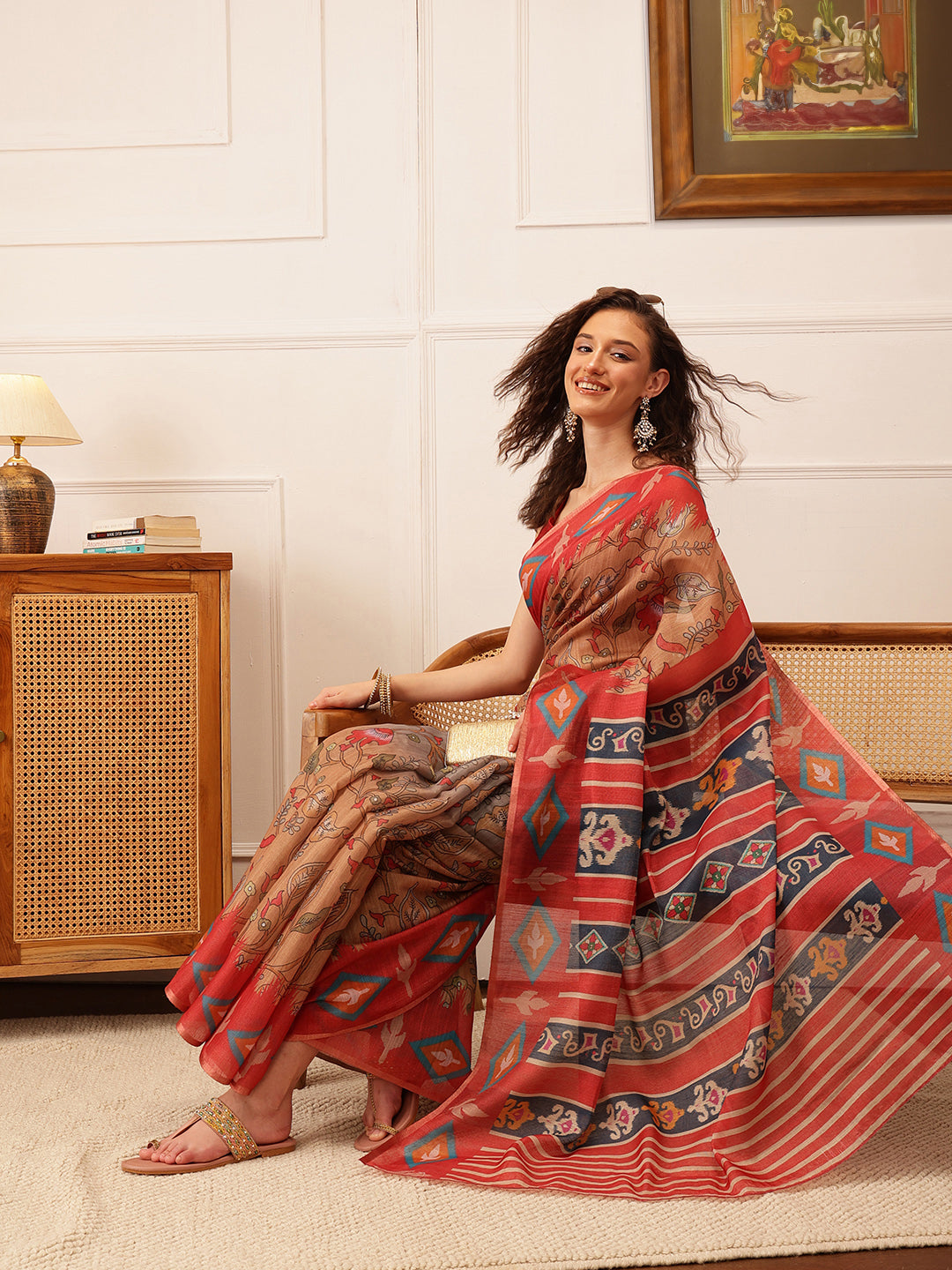 Hiral Fashion Red Banarasi Silk Cotton Floral Digital Print Saree | Swadesiicart