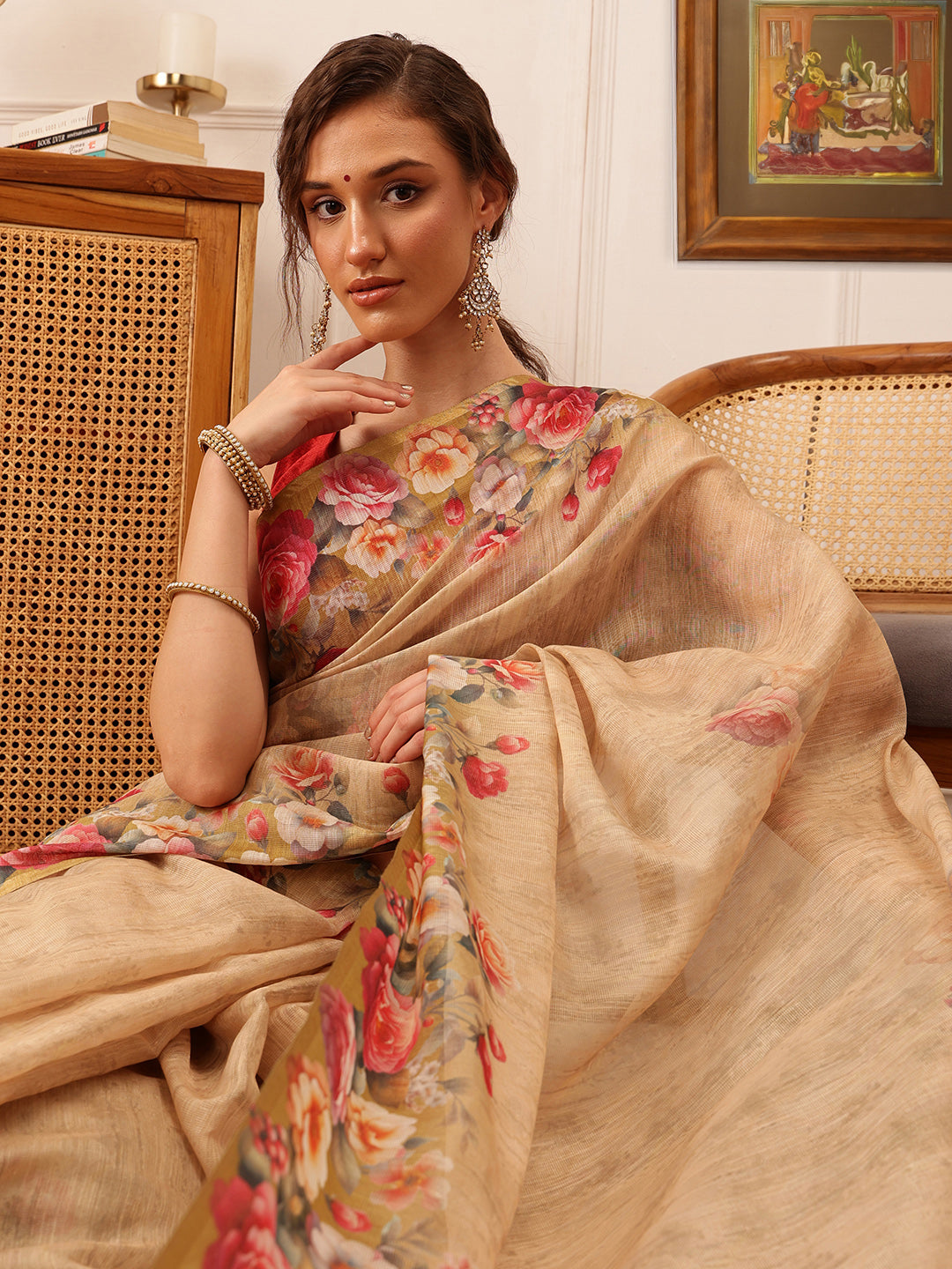 Hiral Fashion Beige Banarasi Silk Cotton Floral Digital Print Saree | Swadesiicart