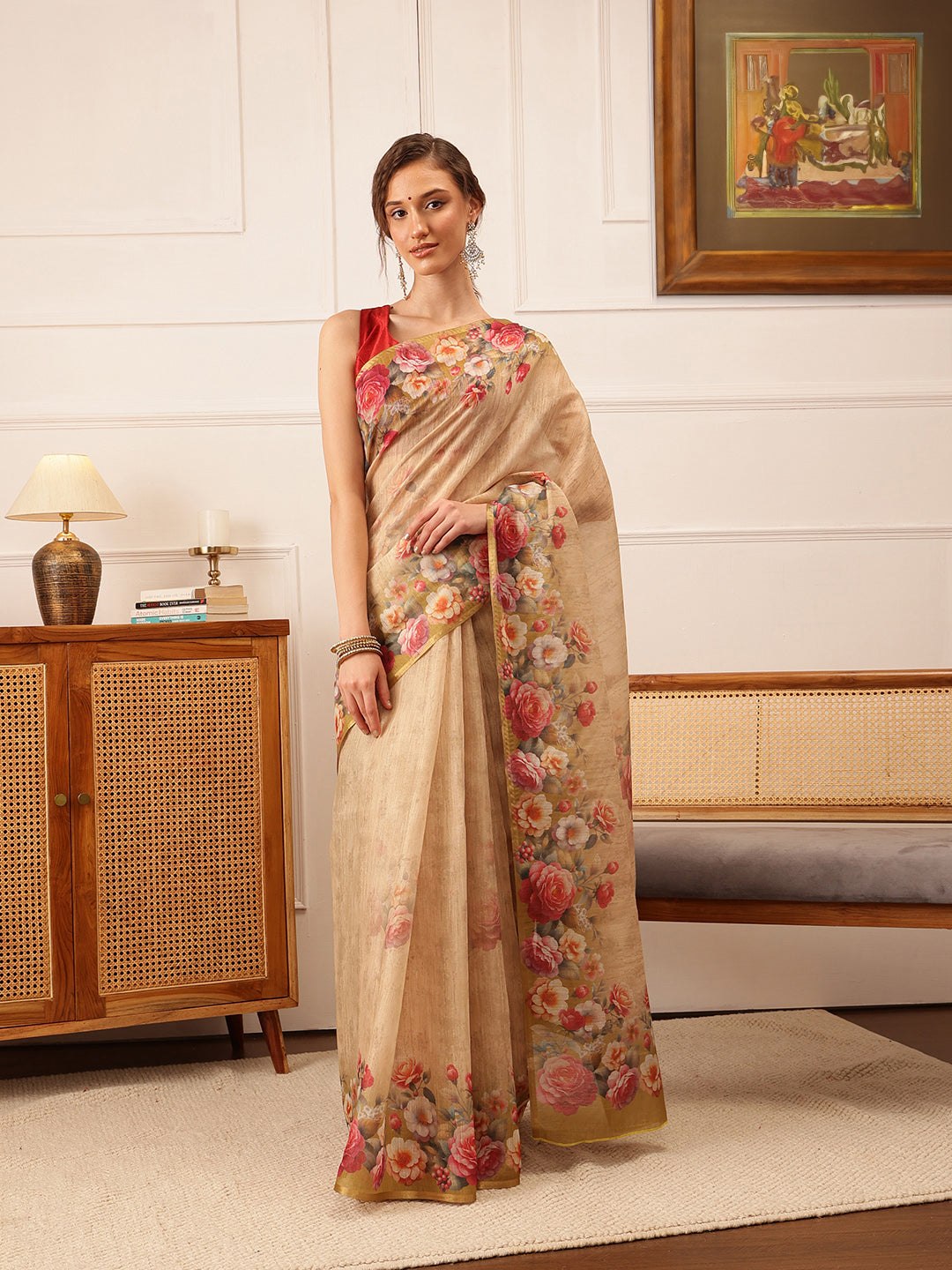 Hiral Fashion Beige Banarasi Silk Cotton Floral Digital Print Saree | Swadesiicart