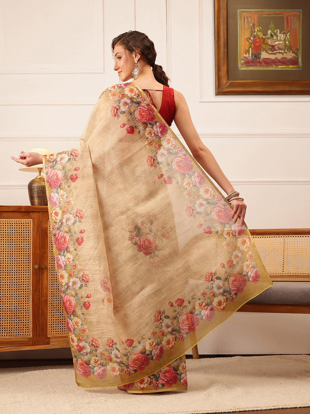 Hiral Fashion Beige Banarasi Silk Cotton Floral Digital Print Saree | Swadesiicart