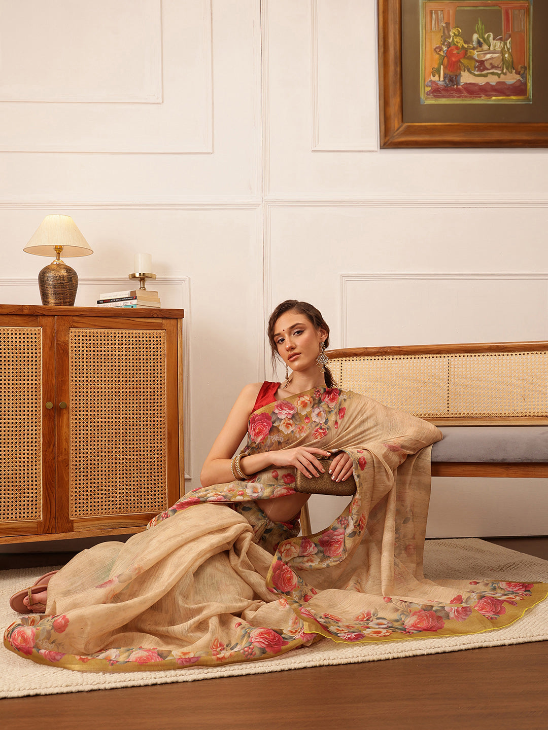 Hiral Fashion Beige Banarasi Silk Cotton Floral Digital Print Saree | Swadesiicart