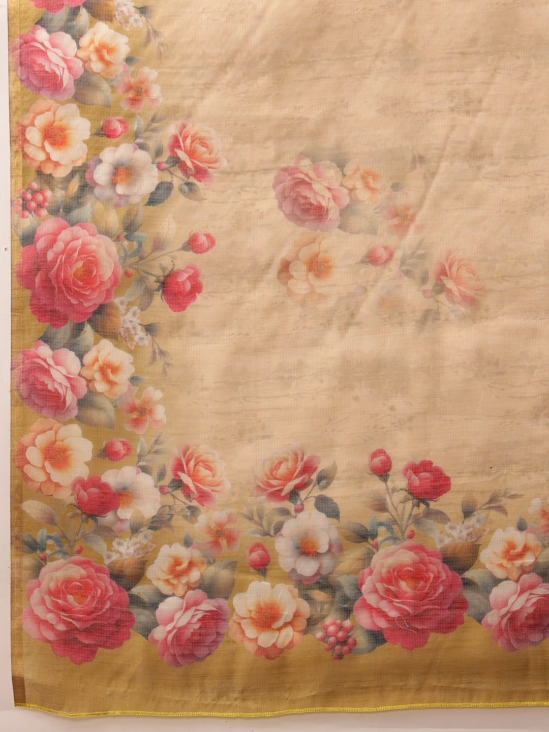 Hiral Fashion Beige Banarasi Silk Cotton Floral Digital Print Saree | Swadesiicart