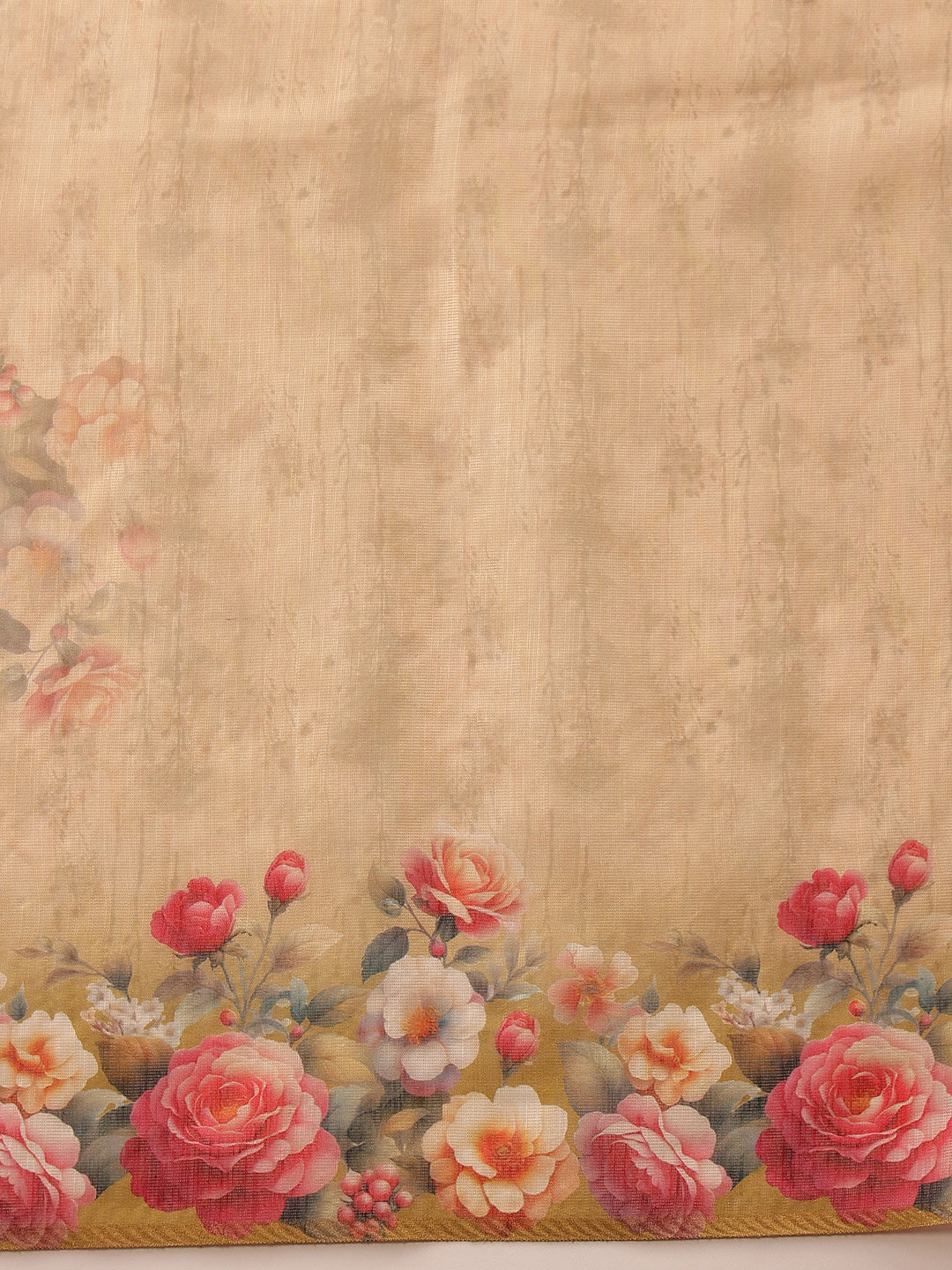 Hiral Fashion Beige Banarasi Silk Cotton Floral Digital Print Saree | Swadesiicart