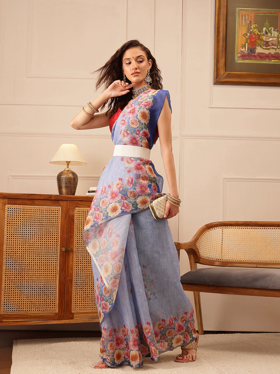 Hiral Fashion Blue Banarasi Silk Cotton Floral Digital Print Saree | Swadesiicart