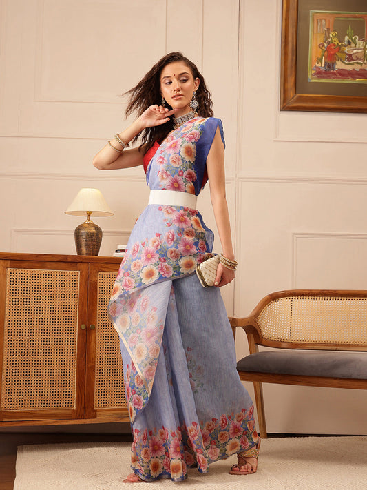 Hiral Fashion Blue Banarasi Silk Cotton Floral Digital Print Saree | Swadesiicart