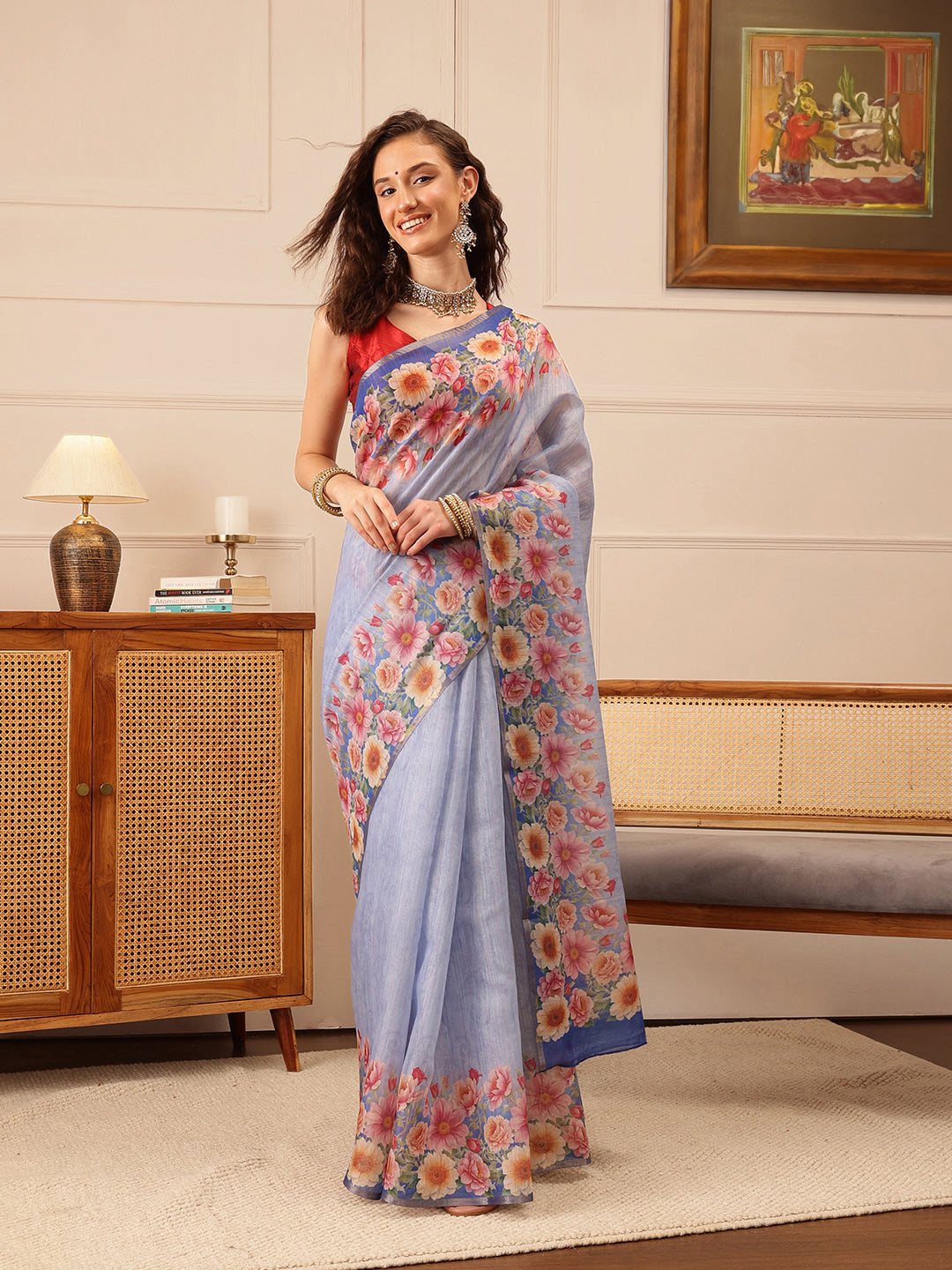 Hiral Fashion Blue Banarasi Silk Cotton Floral Digital Print Saree | Swadesiicart