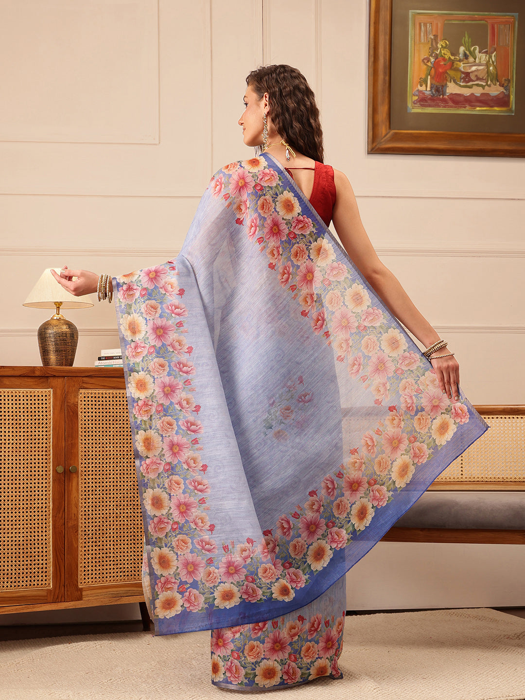 Hiral Fashion Blue Banarasi Silk Cotton Floral Digital Print Saree | Swadesiicart
