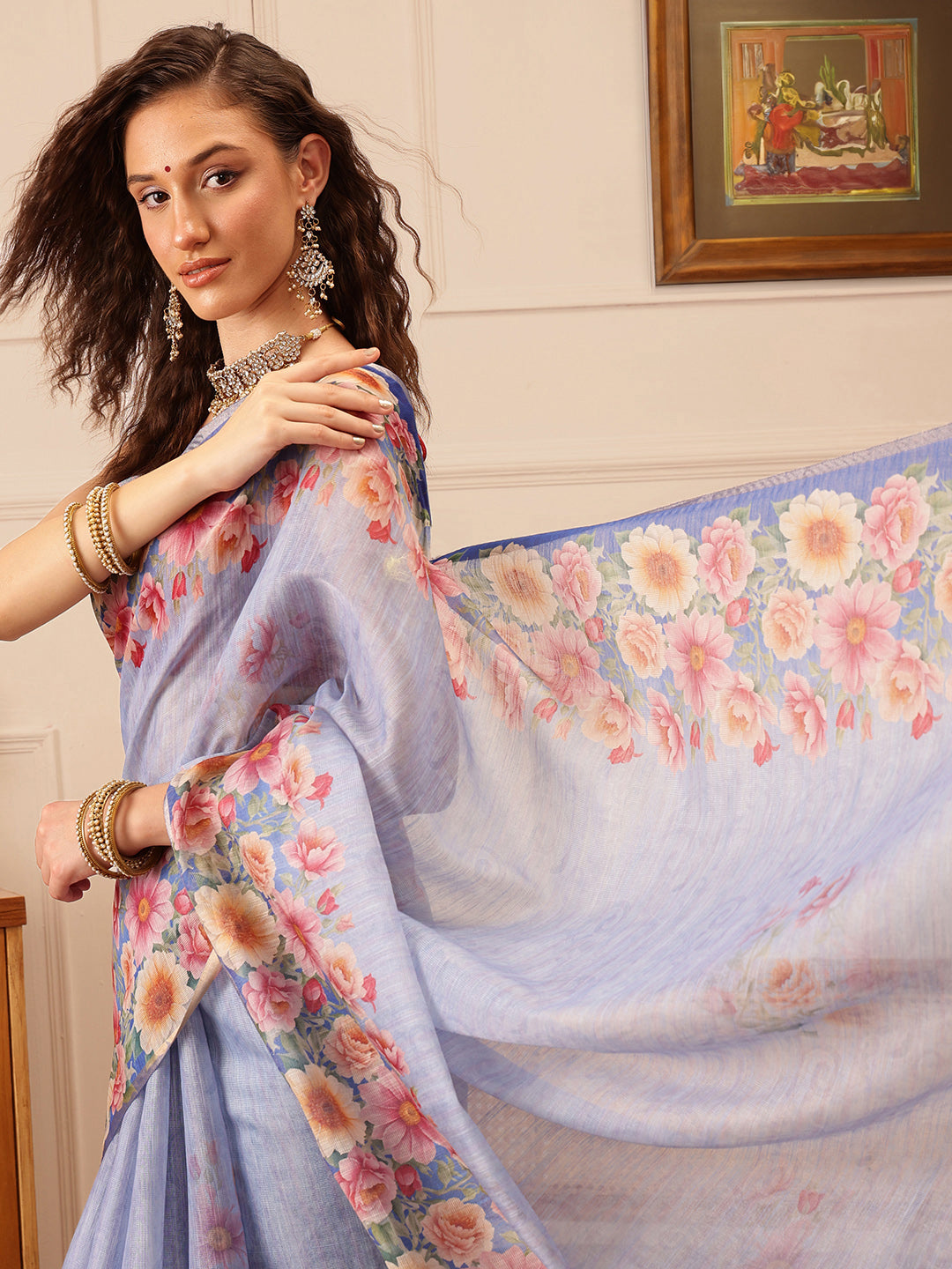 Hiral Fashion Blue Banarasi Silk Cotton Floral Digital Print Saree | Swadesiicart