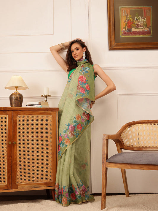 Hiral Fashion Green Banarasi Silk Cotton Floral Digital Print Saree | Swadesiicart