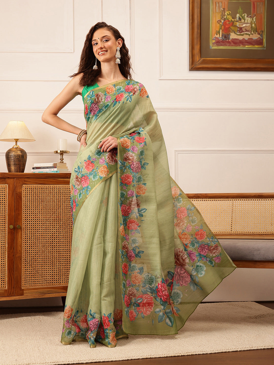 Hiral Fashion Green Banarasi Silk Cotton Floral Digital Print Saree | Swadesiicart