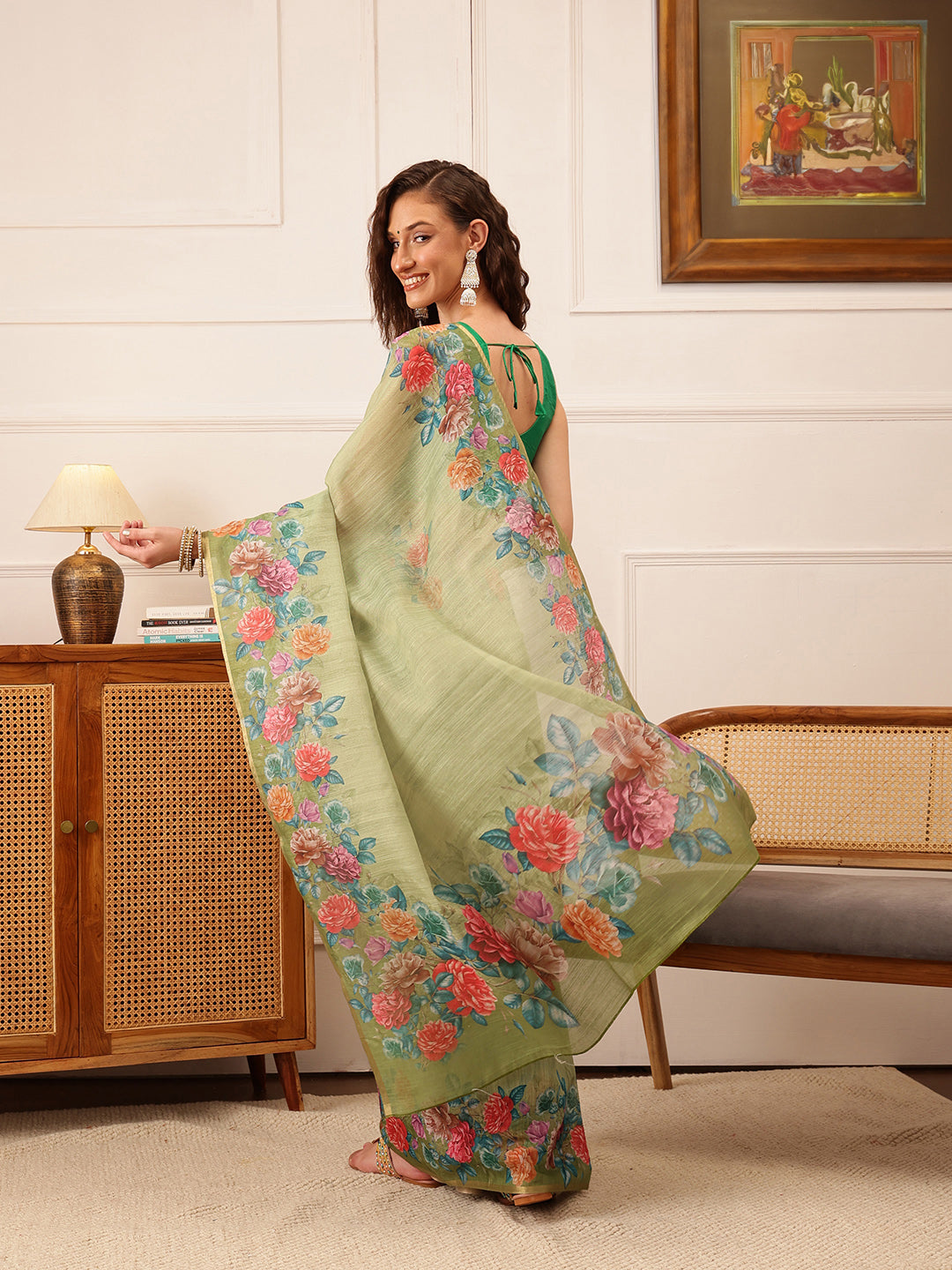 Hiral Fashion Green Banarasi Silk Cotton Floral Digital Print Saree | Swadesiicart