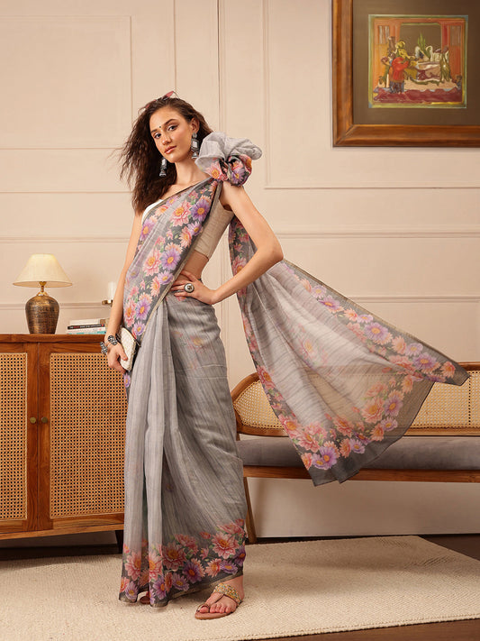 Hiral Fashion Grey Banarasi Silk Cotton Floral Digital Print Saree | Swadesiicart