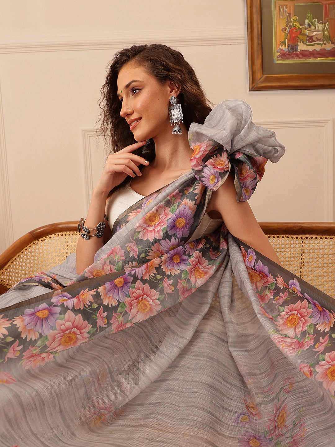 Hiral Fashion Grey Banarasi Silk Cotton Floral Digital Print Saree | Swadesiicart