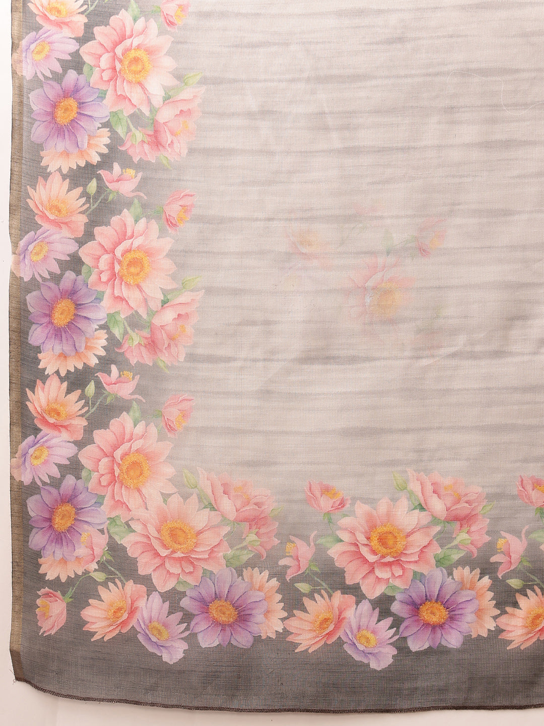 Hiral Fashion Grey Banarasi Silk Cotton Floral Digital Print Saree | Swadesiicart