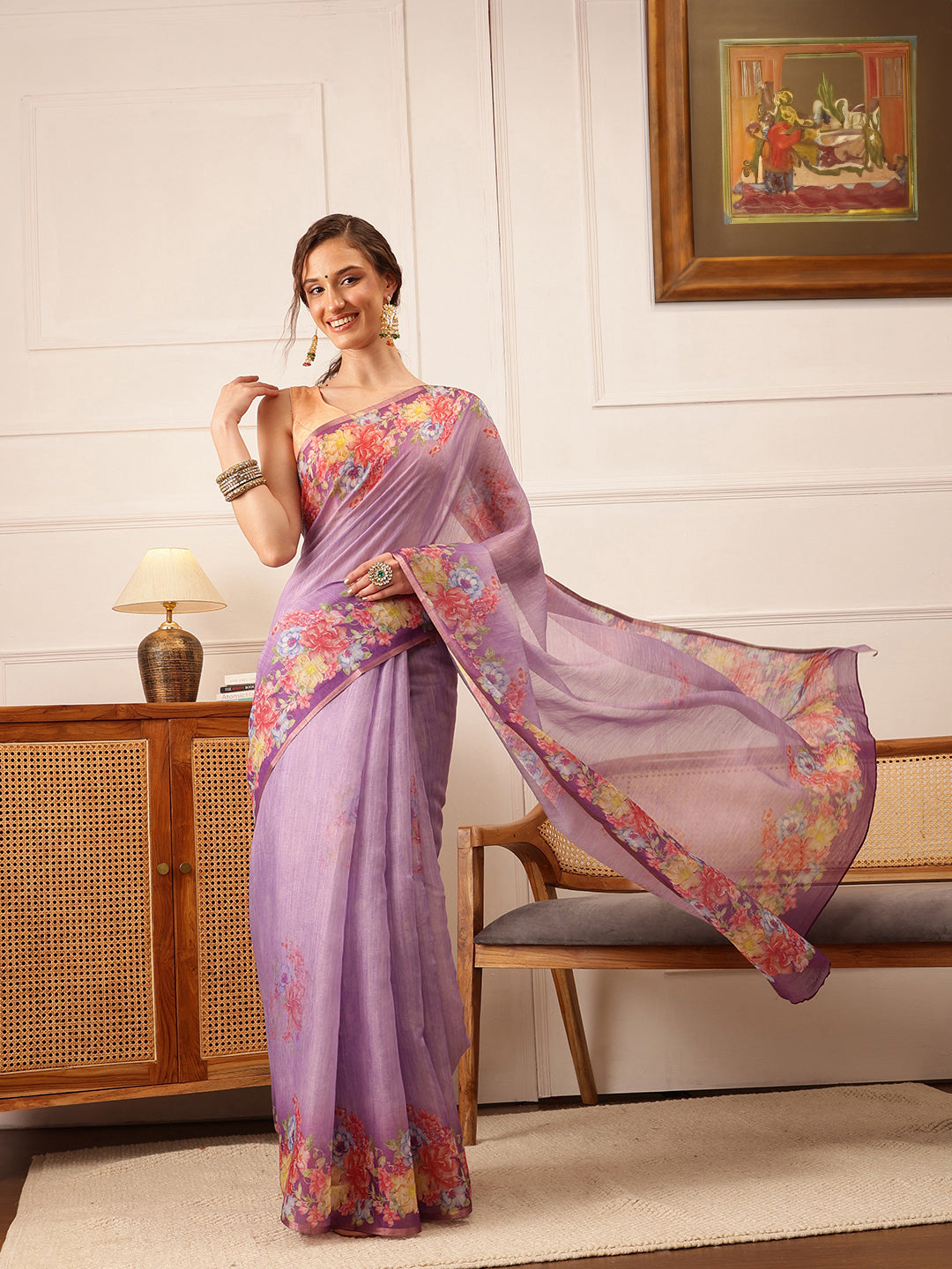 Hiral Fashion Lavender Banarasi Silk Cotton Floral Digital Print Saree | Swadesiicart