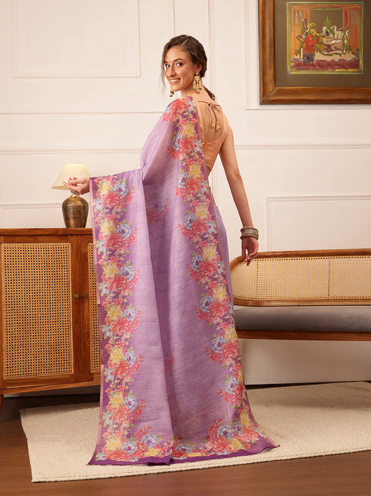 Hiral Fashion Lavender Banarasi Silk Cotton Floral Digital Print Saree | Swadesiicart