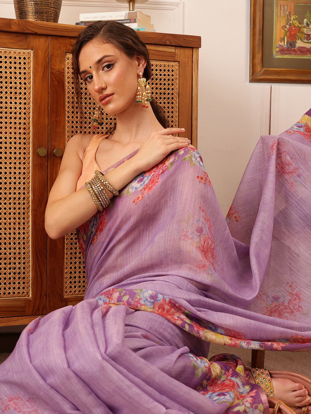 Hiral Fashion Lavender Banarasi Silk Cotton Floral Digital Print Saree | Swadesiicart