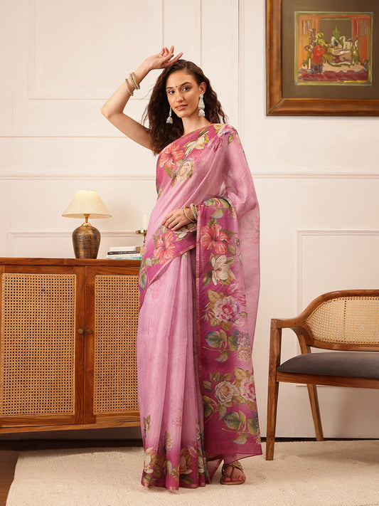Hiral Fashion Pink Banarasi Silk Cotton Floral Digital Print Saree | Swadesiicart
