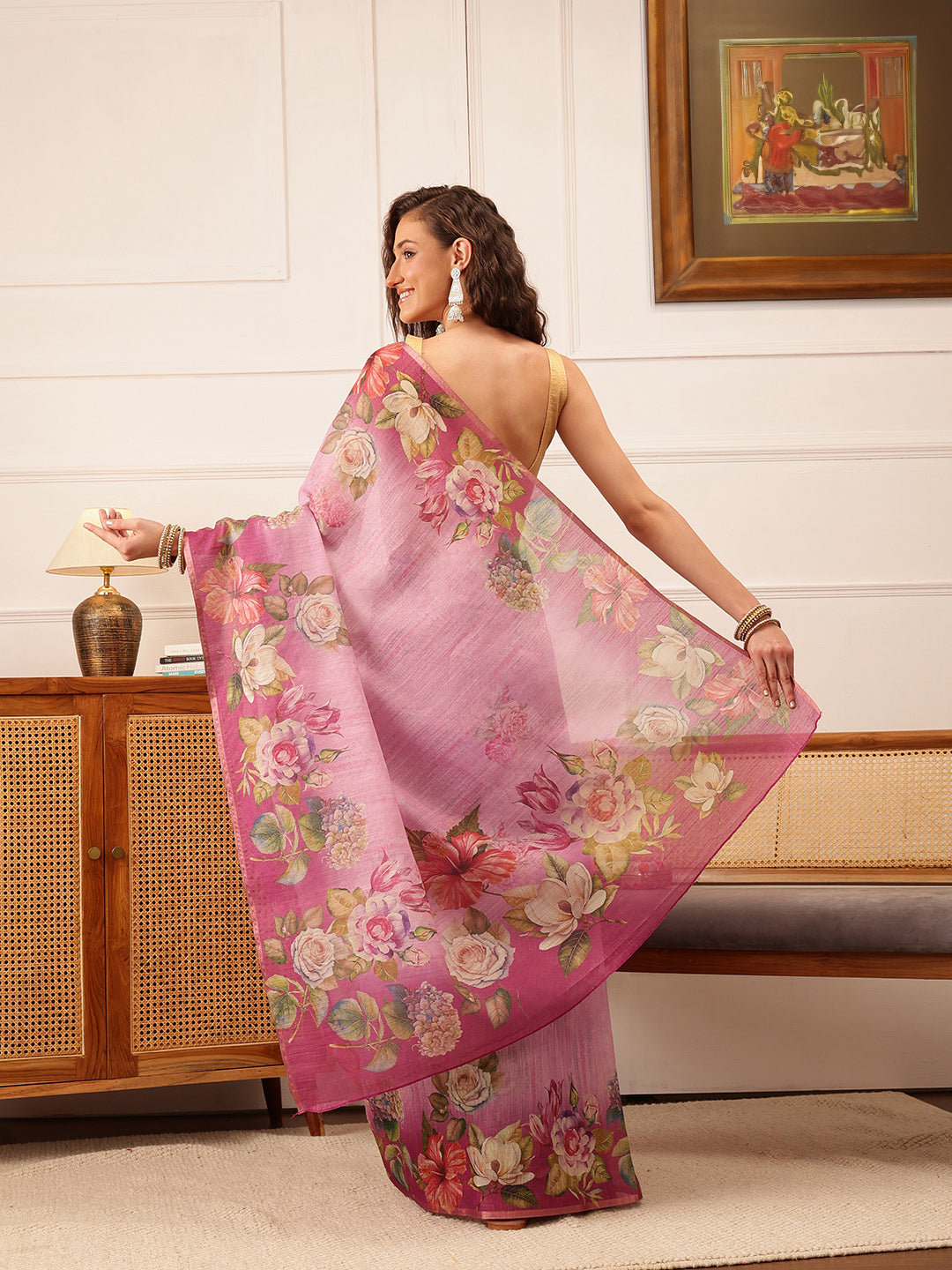 Hiral Fashion Pink Banarasi Silk Cotton Floral Digital Print Saree | Swadesiicart