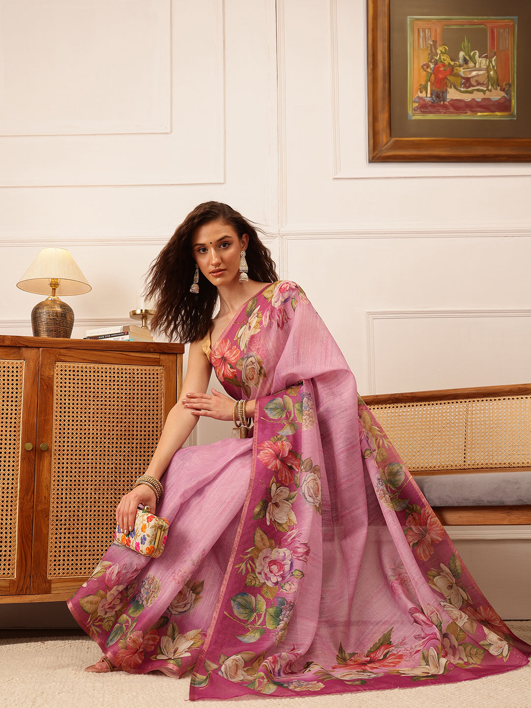 Hiral Fashion Pink Banarasi Silk Cotton Floral Digital Print Saree | Swadesiicart