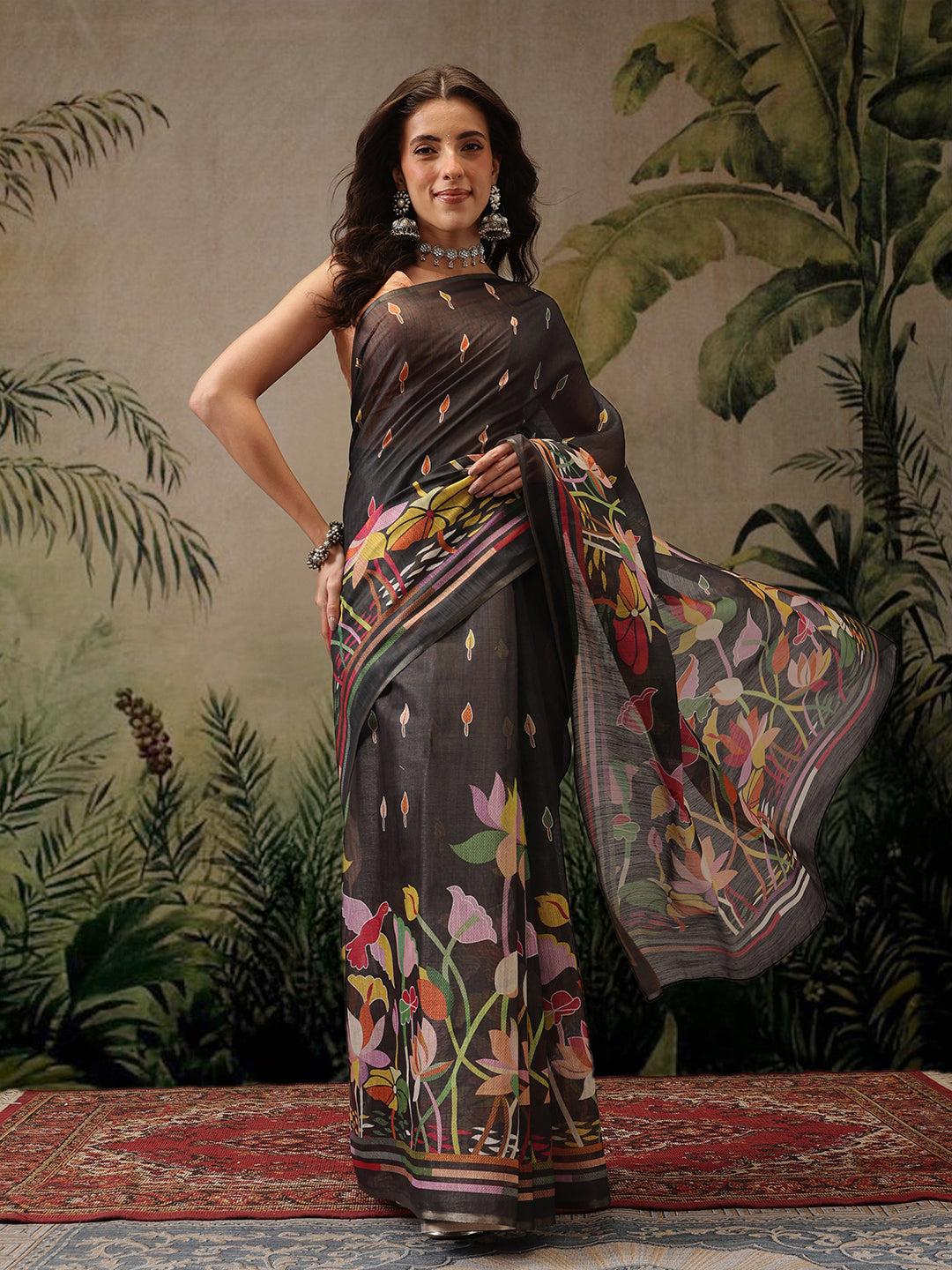 Hiral Fashion Black Banarasi Cotton Blend Floral Digital Printed Saree | Swadesiicart