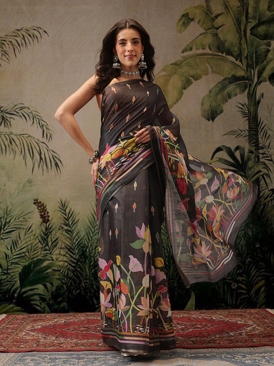 Hiral Fashion Black Banarasi Cotton Blend Floral Digital Printed Saree | Swadesiicart